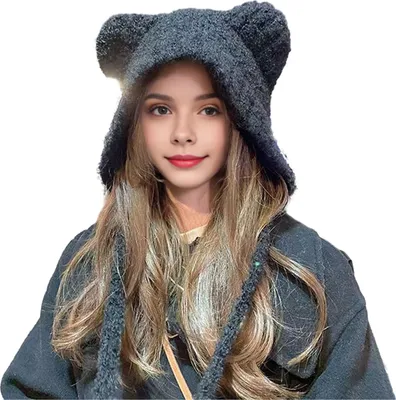 Produktbild von Niedliche Wintermütze mit Bärenohren für Damen, flauschige, lässige Häkelmütze, weiche Plüschmütze, warm mit Ohrenklappen.