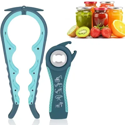 Productafbeelding van Multifunctionele opener – Set van 2 openers – Multifunctioneel, 10-in-1 – Glazen opener – Keukenaccessoire – Flesopener – Bieropener – XL-dekselopener – Glazen opener – Hulpmiddelen voor ouderen – Blauw – 22 cm – CHPN
