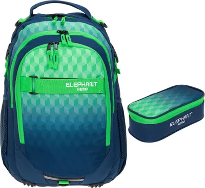 Produktbild von Schulrucksack Set 2 Teile Elephant Hero Signature Rucksack Schultasche Jungen Mäppchen Box 12810 Green Cube (Grün Blau) r mb