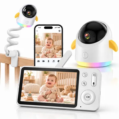 Zdjęcie produktu dla Niania cyfrowa 2K 3MP z kamerą i aplikacją, monitor dla dzieci z ekranem 5 cali, połączenie Wi-Fi, obracana kamera (355°), zoom 4x, tryb nocny, wykrywanie ruchu i płaczu, dwukierunkowy system audio, z uchwytem