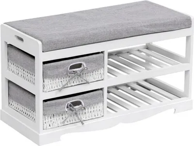 Produktbild von Happy Home Schuhbank mit Sitzfläche, Sitzbank mit Stauraum, gepolstert, 2 offene Fächer, 2 Schubladen, Schuhregal Weiß