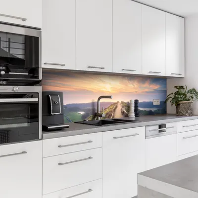 Produktbild von Dedeco Küchenrückwand Motiv: Berge V3, 5mm Hartschaum Kunststoffplatte PVC als Spritzschutz Küchenwand Wandschutz wasserfest, inkl. UV-Lack matt, alle Untergründe, 260 x 60 cm