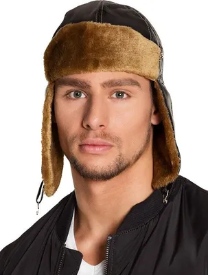 Image de Casquette de pilote noire avec fourrure casquette d'aviateur