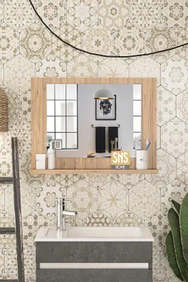Image de Étagère murale Modena avec miroir, 60 x 45 cm, aspect pin