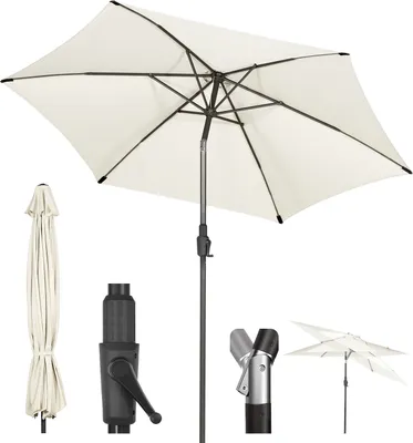 A collection of images showing a cream-colored patio umbrella, its components, and a smaller version of the umbrella.