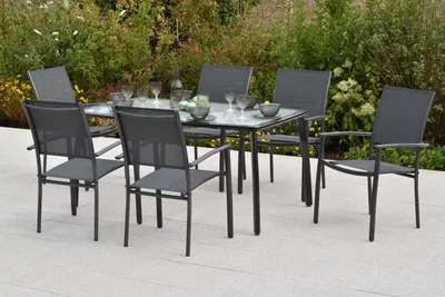 Produktbild von Merxx "Milano" Set 7tlg., 6 Stapelsessel, Tisch 150 x 90 cm, grau, Aluminium/Textil