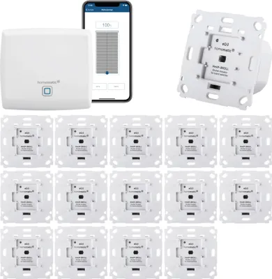 Produktbild von Homematic IP Rolladensteuerung für 15 Rolladen. Smart Home Set mit App zur Automatisierung der Rolläden. Ideal zur Nachrüstung. Alexa kompatibel. Inhalt: Access Point, 15 Funk Rolladenaktoren, Adapter.