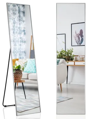 Produktbild von Ganzkörperspiegel 160 x 40 cm, 2-in-1 Stand- & Wandspiegel, Ankleidespiegel mit Aluminiumrahmen, Silber