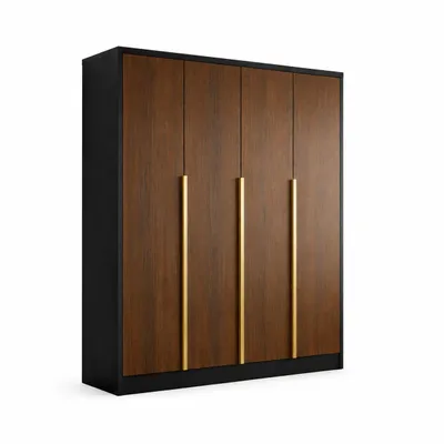 Zdjęcie produktu dla Szafa LIZA, wymiary: 197 x 215 x 58,1 cm, 3 drzwi, wykończenie orzech Okapi z złotymi uchwytami i czarną ramą, drążek na ubrania oraz duża przestrzeń do przechowywania, Obraz wygenerowany przez AI
