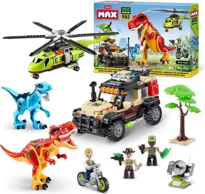 Produktbild von ZURU Dino Adventure Bauset Dino Hunt, 592 Teile, Prähistorisches Abenteuer mit Dinos und Fahrzeugen, Inklusive Helikopter, LKW, Motorrad