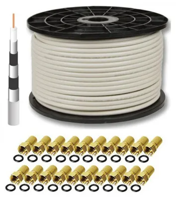 Produktbild von PremiumX DELUXE PRO Koaxial Kabel 135 dB 5-Fach geschirmt, reines Kupfer 100 Meter SAT Antennenkabel 100m 135dB + 20 F-Stecker 8mm in Farbe "GOLD" GRATIS DAZU