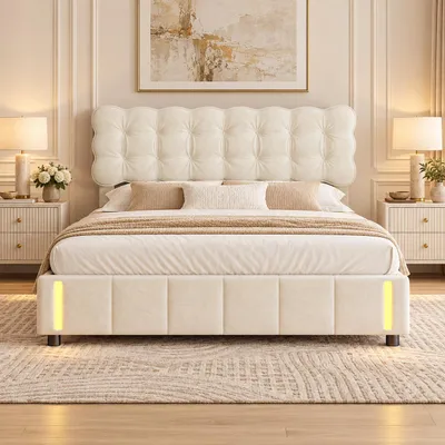 Productafbeelding van INONEFT Hydraulisch verstelbaar bed met opbergruimte, 160x200 cm, tienerbed met lichaamsdetectielamp, bedframe met lattenbodem, fluweel, beige, AI-gegenereerde afbeelding