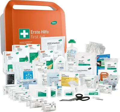 Produktbild von Erste-Hilfe-Koffer für Teeküche & Aufenthaltsraum - WERO Smart Case groß DIN 13157 - kompakt, robust & übersichtlich - staub- & spritzwassergeschützt  - mit Farbleitsystem - mit Wandhalterung