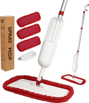 Image de (650 ml) Balai à laver en spray pour le nettoyage des sols, balai à laver les sols avec un flacon pulvérisateur rechargeable et 3 tampons lavables, balai plat pour le nettoyage des sols à la maison, cuisine, bois dur, stratifié, bois, carreaux de céramique