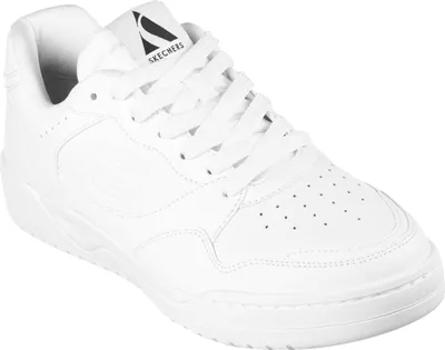 A white Skechers sneaker is shown from a three-quarter angle against a white background.