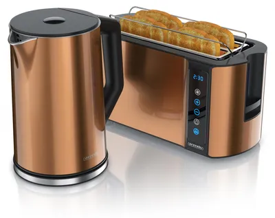 Produktbild von Arendo Frühstücks-Set Edelstahl, Wasserkocher mit Temperatureinstellung 1,5l, 4 Scheiben Langschlitztoaster, 4 Scheiben Toaster, Brötchenaufsatz, Touch, kupfer