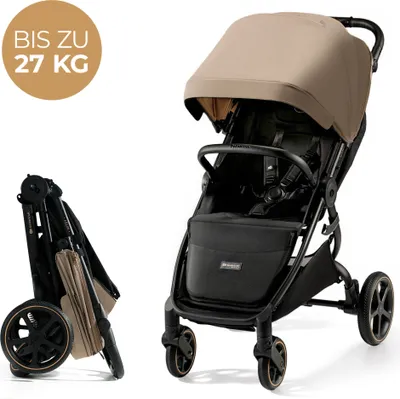 A beige and black Kinderkraft MITZY buggy shown in both its open and folded states against a white background.