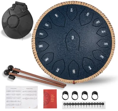 Produktbild von Homucasa-Gravurmaster Zungentrommel, Stahl, Dunkelblau, 14 Zoll (35 cm), 15 Noten, C-Dur, inkl. Liederbuch, Schlägel, Stautasche, mit handgeflochtener Hanfschnur und kristallklarem Klang, leicht zu spielen, ideal für Yoga & Meditation