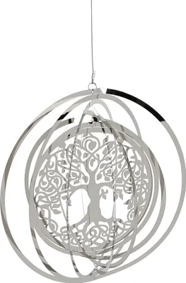 Produktbild von Gilde Windspiel "Albero" Edelstahl . silberfarben gelaserte Kreise und Baum . Ø 25 cm an Drahtseil (L. 50 cm) . mit Spinner  - Outdoor geeignet - 50272 /Abverkauf nur solange Vorrat reicht