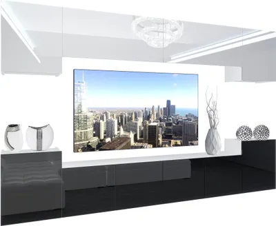 Produktbild von BELINI Wohnwand Vollausstattung Wohnzimmer-Set Moderne Schrankwand mit LED-Beleuchtung Weiß Glänzend Anbauwand TV-Schrank Weiß / Schwarz Glänzend/Matt