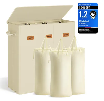 Produktbild von SONGMICS Wäschekorb mit 3 Fächern, 160 L, mit Deckel – Cremeweiß