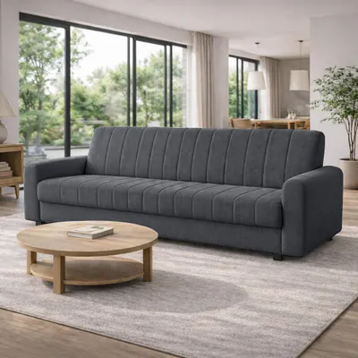 Produktbild von Sofa PIXI, Wohnzimmer, modernes Schlafsofa Couch 3-Sitzer Sofa freistehendes Polstersofa Bettkasten 232 cm KLIK-KLAK-Mechanismus Grau Skaga 01