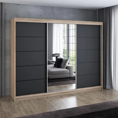 Produktbild von Schwebetürenschrank 200 cm, 3-türig, mit Spiegel & 4 Schubladen, Retro-Stil, Kleiderschrank VILUNO 2 in Sonoma / Schwarz / Schwarz