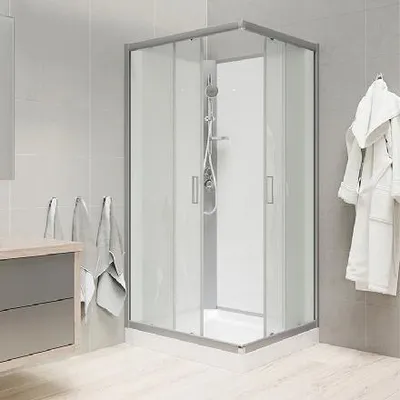 Imagen del producto de Mereo: Cabina de ducha de 900x900 mm, sin mampara superior, acabado satén/blanco/vidrio, modelo Point CK34122KBW