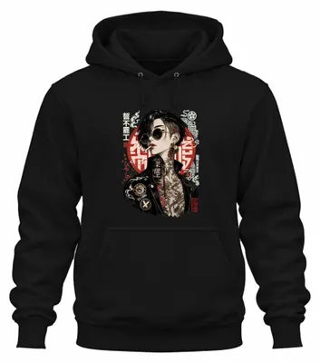 Produktbild von Rise Rebel Anti System Japan Cyberpunk Yakuza Y2K Tattoo Hoodie Kapuzenpullover, Schwarz, M
