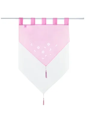 A pink and white decorative curtain hanging from a rod.