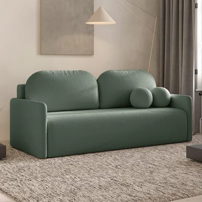 Produktbild von DEKORI Skandinavisches Sofa MALVA – 3-Sitzer Stoffsofa mit runden Kissen - QUELLE 37 (Olivgrün)