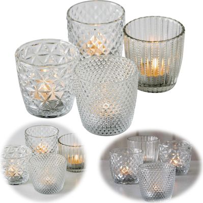 LS-LebenStil 4´er Set Glas Teelichthalter Retro Weiß Klar 7cm Teelichtglas Windlichthalter Kerzenhalter Kerzenglas Kerzenständer für Teelichter