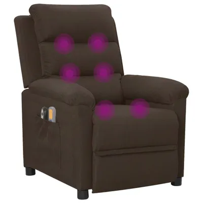 A brown fabric massage recliner chair is shown against a white background. Purple circles highlight the massage points on the chair.