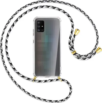 Produktbild von Handykette Backcover-Schutzhülle mit Band (Metall goldfarben) für Samsung Galaxy A71 5G - schwarz/grau/weiß