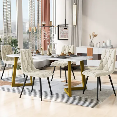 Produktbild von okwish Esszimmer Sitzgruppe，5er-Set，Essgruppe，Esstisch mit 4 Stühlen，Tischgruppe，Esszimmergruppe，Rechteckiger Küchentisch，golden Tischbeine，Beige