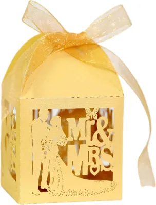 Produktbild von 50 Pack Laser Cut Mr & Mrs Square Favor Boxen für Hochzeit Brautparty, Hochzeit Party Dekoration Schokolade Süßigkeiten Boxen mit Band