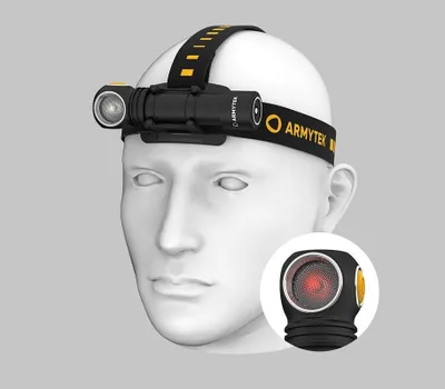 A 3D rendering of a white mannequin head wearing a black and yellow Armytek headlamp.