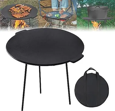 Image de NAIZY Poêle à griller en fonte amovible avec 3 pieds, Ø45cm rond tripode fonte BBQ plaque de grill avec poignée, Dutch Oven bac à griller accessoires de grill feu plat à griller pour camping jardin