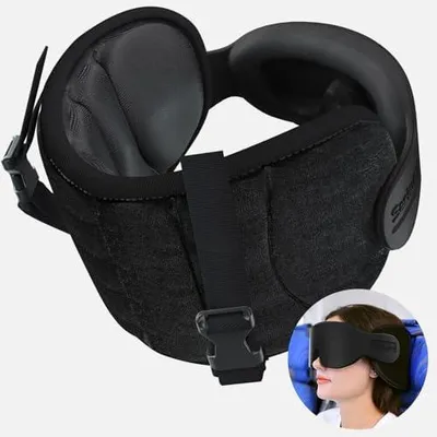 Produktbild von Reisekissen Flugzeug mit 3D Schlafmaske, 360? Stützband fürs Flugzeug für Langen Flug, Kopf-Nicken Stoppen, Reise Zubehör für Lange Flüge, Schwarz