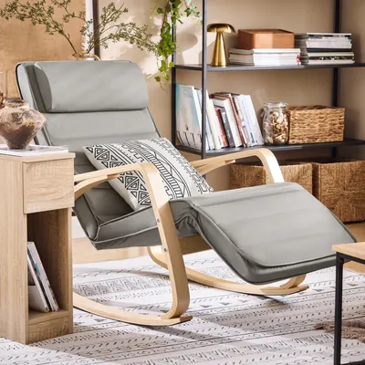 Immagine prodotto di Poltrona a dondolo FST16 - Poltrona relax - Funzione dondolo - Poggiapiedi regolabile - Fino a 150 kg - Struttura in legno - Imbottita - Pieghevole - Grigio scuro