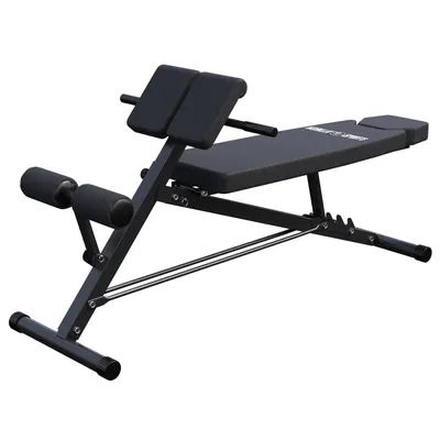 A black adjustable hyperextension bench for fitness training.
