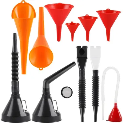 Obrázek produktu pro Sada trychtýřů, 11 kusů, včetně hadice, flexibilní plast, univerzální pro dílnu, kuchyň, automobil, červená/oranžová/černá