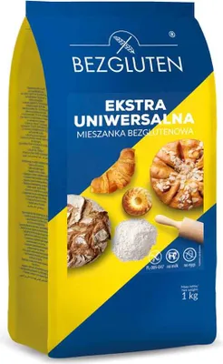 A bag of gluten-free flour mix with images of baked goods.