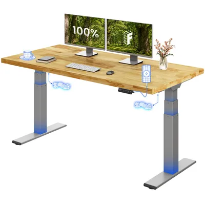 Image de Bureau réglable en hauteur FLEXISPOT ValtreX E200, 160 x 80 cm, plateau en chêne massif à assemblage par entures, capacité de charge de 200 kg, 2 moteurs, port USB