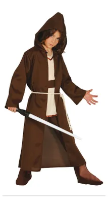 A child wearing a brown hooded robe and holding a toy lightsaber.