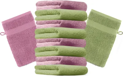 Produktbild von Betz 10 Stück Waschhandschuhe 16x21 cm PREMIUM 100% Baumwolle Farbe: apfelgrün und altrosa