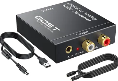 Produktbild von Qost - Digital zu Analog Audiokonverter – 192 kHz Audioadapter – DAC – Toslink – RCA R/L – Inklusive optischem Kabel und Netzadapter