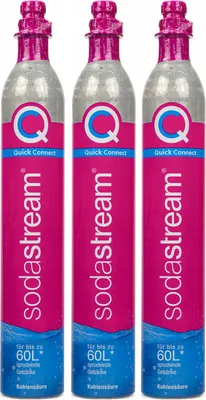 Three SodaStream CO2 cartridges are lined up against a white background.