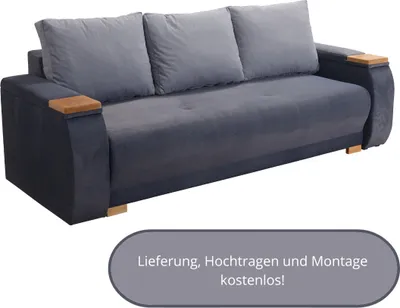Produktbild von Sofa NIKE PREMIUM mit Schlaffunktion, Bettkasten, Schlafsofa, Schlafcouch, Bonellfederkern, 3 Sofakissen -verschiedene Farben - Dunkelgrau Hellgrau