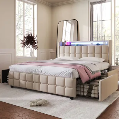 Produktbild von Flieks Polsterbett 180x200cm mit USB und Steckdosen, Jugendbett Doppelbett mit 4 Schubladen, Stauraumbett Massivholzbett mit LED und Lattenrost, Leinen, Beige